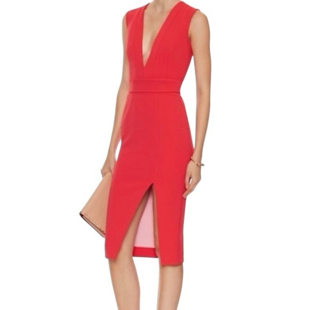 NICHOLAS Size 4 Red Bodycon Dress V Neck Sleeveless Plunge Slit Sheath